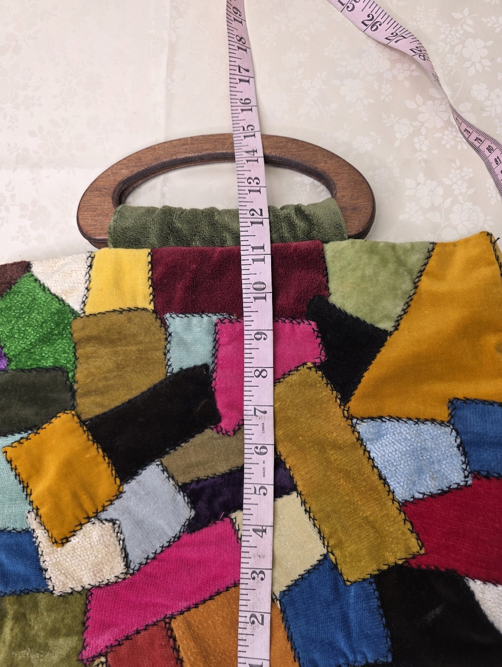Vtg Colorful Patchwork Velvet Handbag w/ Carved Wood Handle Boho Whimsigoth OOAK - Picture 7 of 8